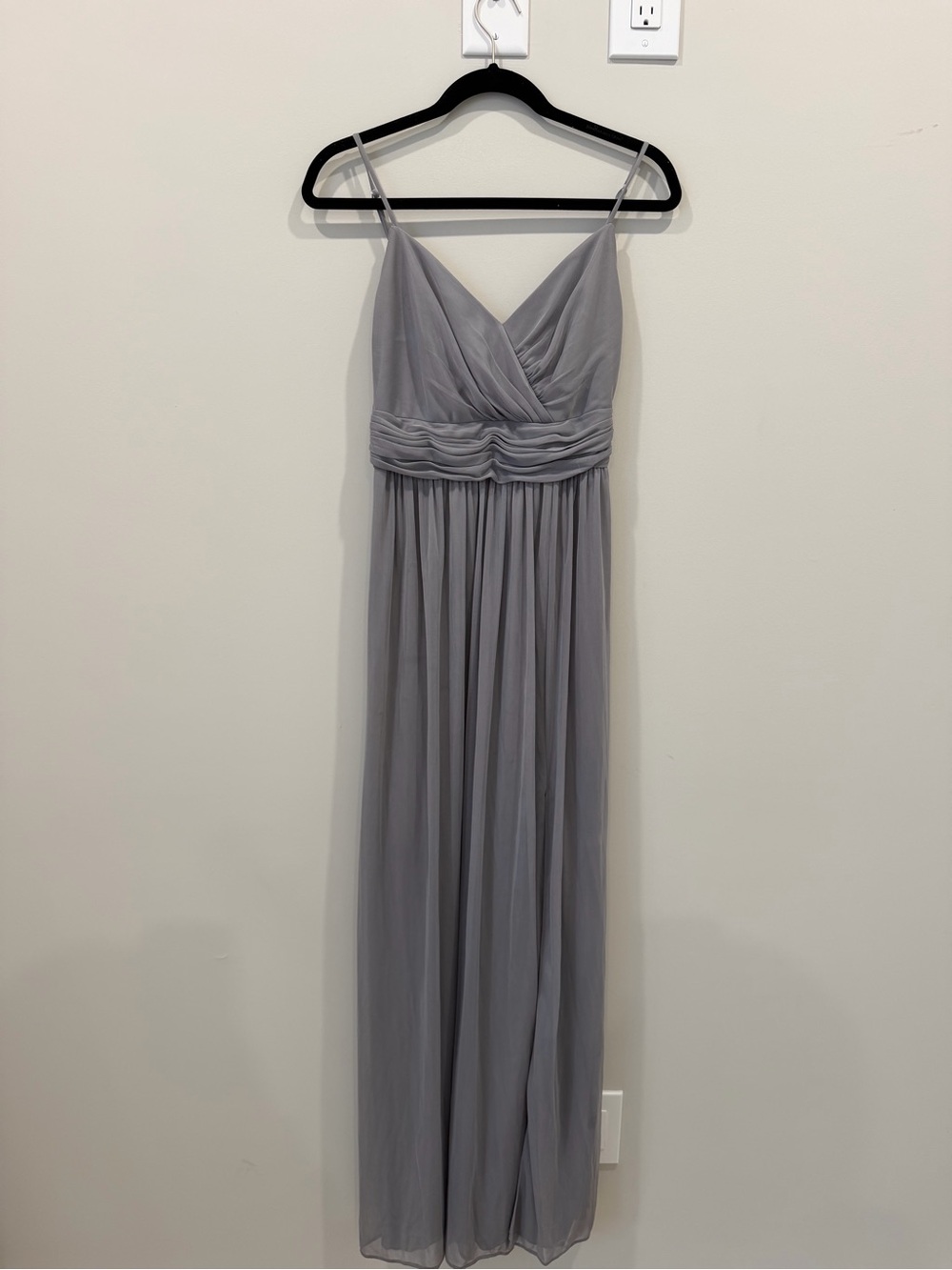 David's Bridal Light Grey Chiffon Spaghetti Strap Maxi Dress
